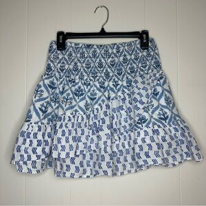 Madison Mathews Blue & White Tiered Smocked Waist Skirt S Coastal Babydoll